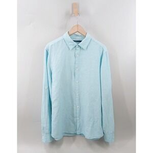 Perry Ellis Button Down Shirt Mens Large Roll Tab Sleeve Light Blue Linen Blend